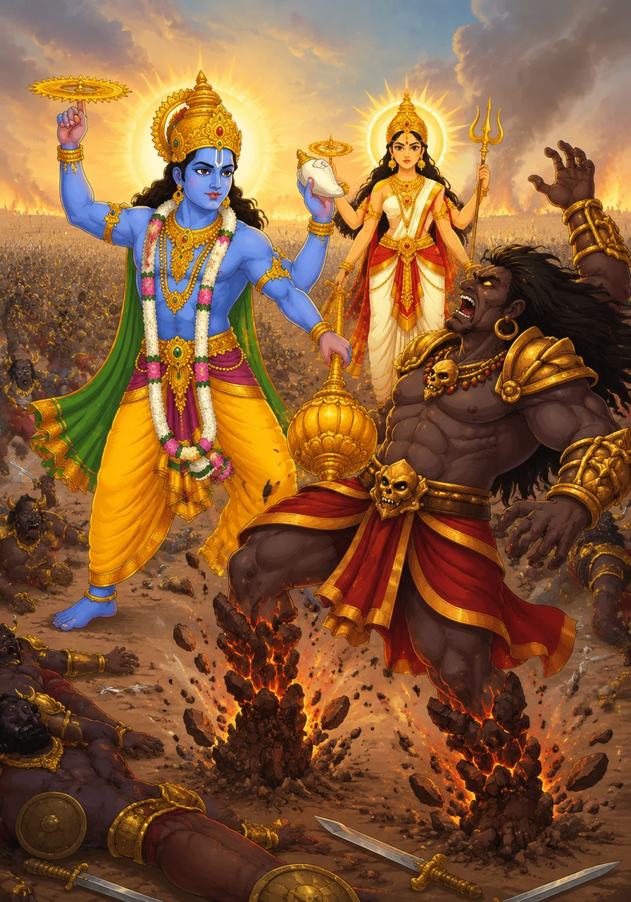 चंद्रावती के युद्धक्षेत्र में देवताओं और राक्षसों के बीच एक भीषण संग्राम छिड़ गया। भगवान विष्णु ने अपने पराक्रम से राक्षसों की विशाल सेना का संहार कर दिया, जिससे मुरा के पैर उखड़ने लगे।