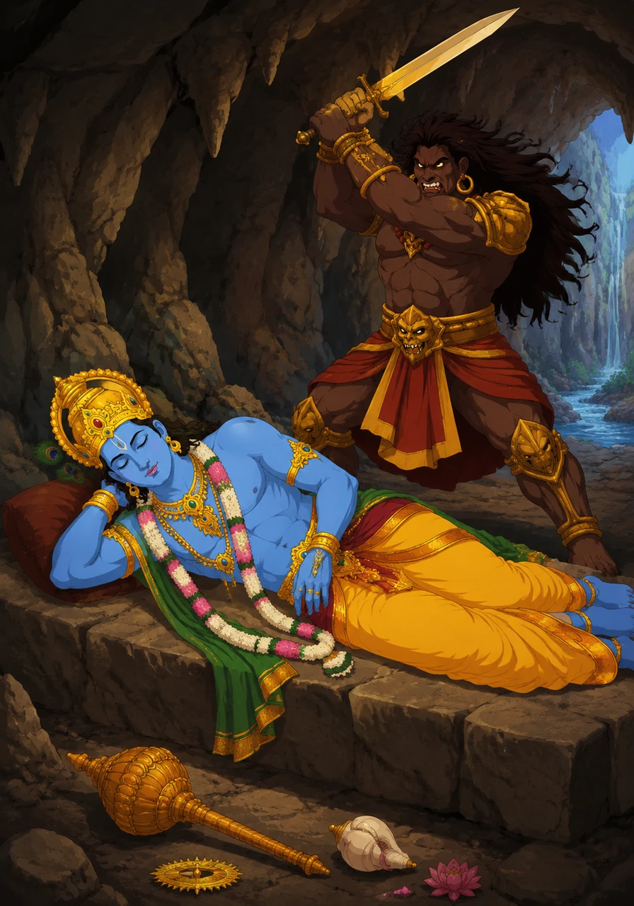 युद्ध से थककर भगवान विष्णु बद्रिकाश्रम की एक गुफा में विश्राम करने चले गए और गहरी निद्रा में लीन हो गए। अधर्मी मुरा उनका पीछा करते हुए गुफा तक पहुँच गया और सोते हुए भगवान पर प्रहार करने के लिए तलवार उठा ली।