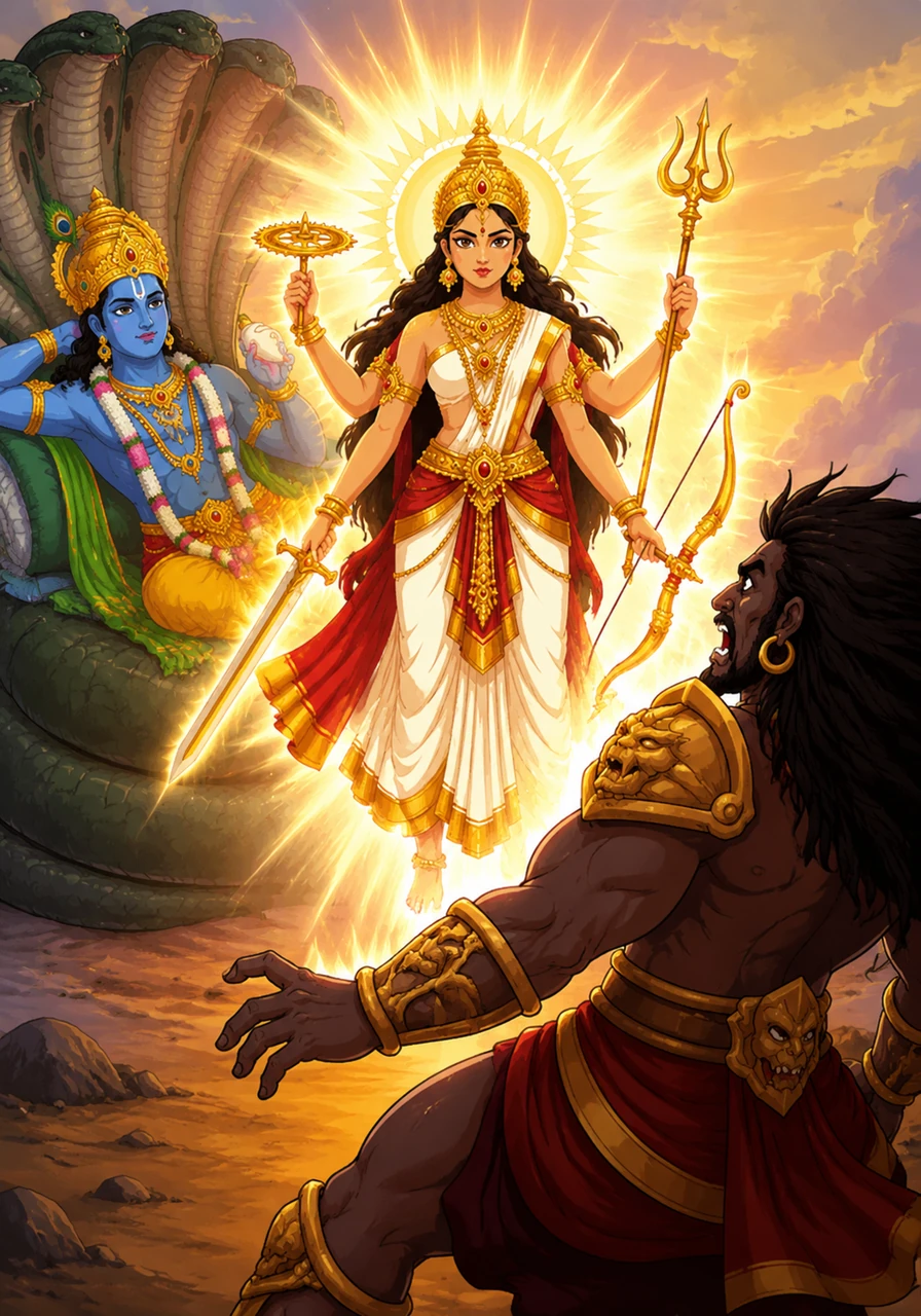 जैसे ही मुरा आक्रमण करने वाला था, भगवान विष्णु के शरीर से एक अत्यंत तेजस्वी, सुंदर और शस्त्रों से सुसज्जित देवी प्रकट हुईं। उनका दिव्य और क्रोधित रूप देखकर राक्षस मुरा भी एक पल के लिए स्तब्ध रह गया।