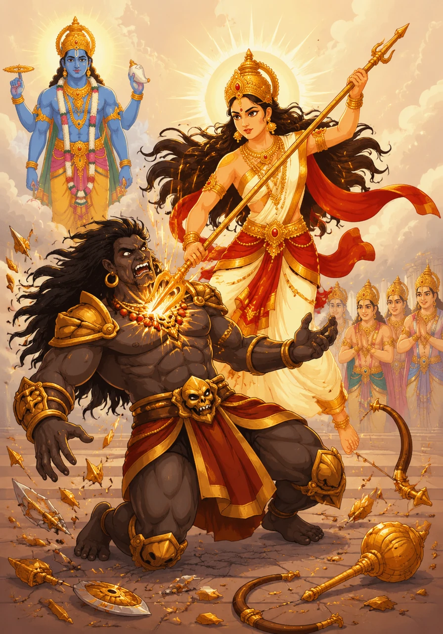 देवी ने मुरा को युद्ध के लिए ललकारा और कुछ ही क्षणों में उसके सभी अस्त्र-शस्त्र नष्ट कर दिए। अंततः देवी ने अपने त्रिशूल से उस अहंकारी राक्षस का वध कर दिया और देवताओं को उसके आतंक से मुक्त कराया।