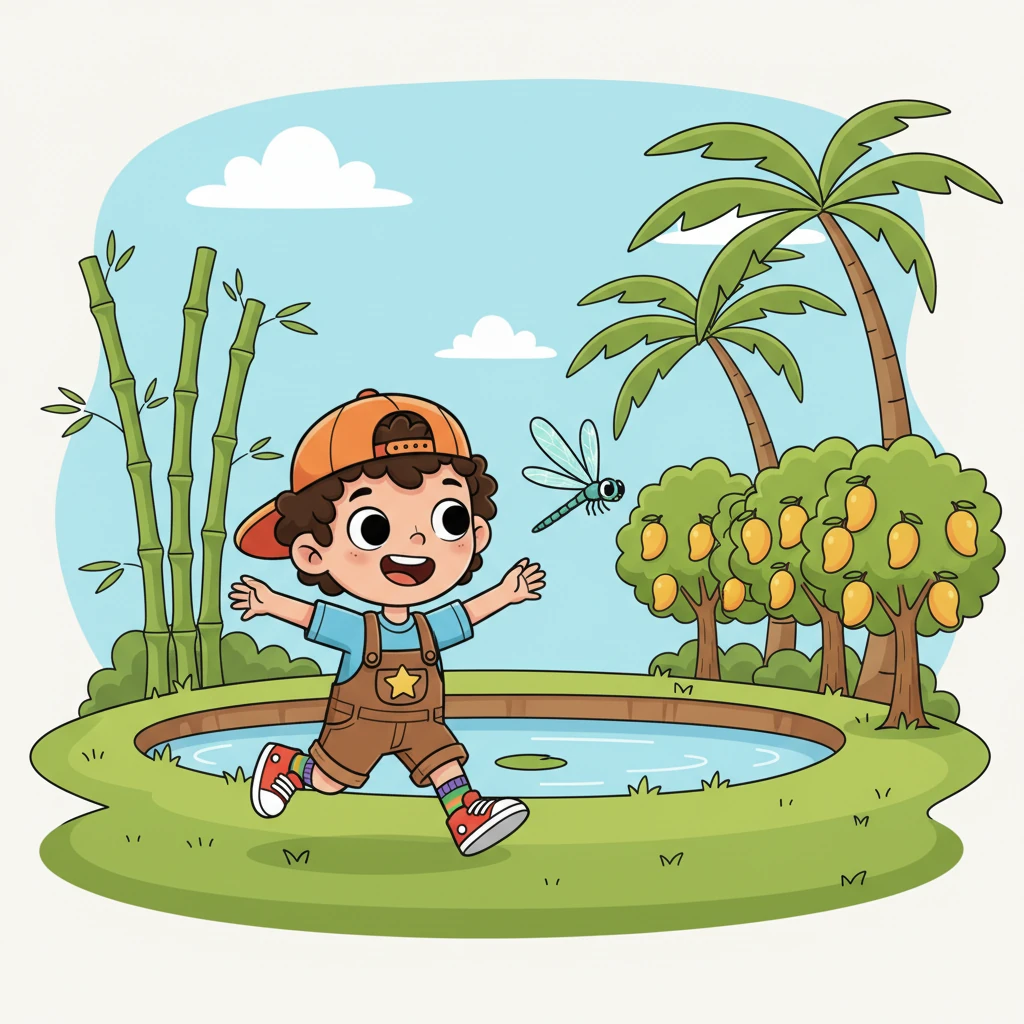 Ami loved to explore the verdant backyard, where a small, shimmering pond reflected the sky. He'd chase dragonflies near the tall, whispering bamboos and count the eleven plump mango trees, dreaming of juicy summer treats. Coconut palms swayed gently, providing shade for his playful adventures.