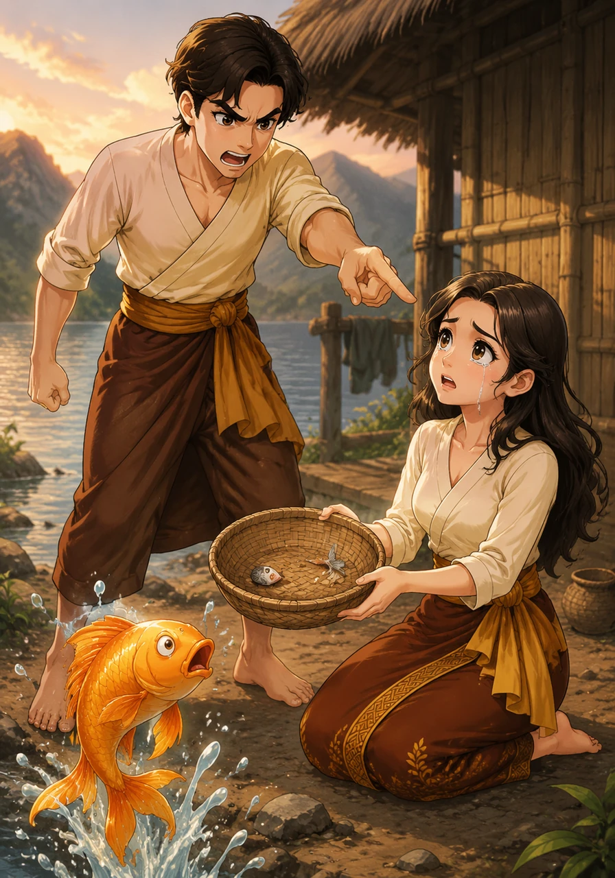 Ketika Toba menerima bekal yang sudah hampir habis, rasa lelah dan laparnya berubah menjadi amarah yang besar. Tanpa sadar akan janjinya, Toba berteriak memarahi anaknya dan berkata bahwa Samosir adalah anak keturunan ikan.