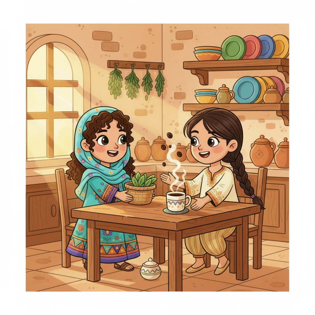 تجلس الصديقتان في المطبخ الدافئ، ورائحة القهوة الطازجة تملأ المكان. الحمد لله بخير، هل تشربين القهوة معي؟ تسأل سارة، وهي تضع السلة على الطاولة. ليلي تهز رأسها موافقة، وتتطلع إلى محادثة ممتعة.