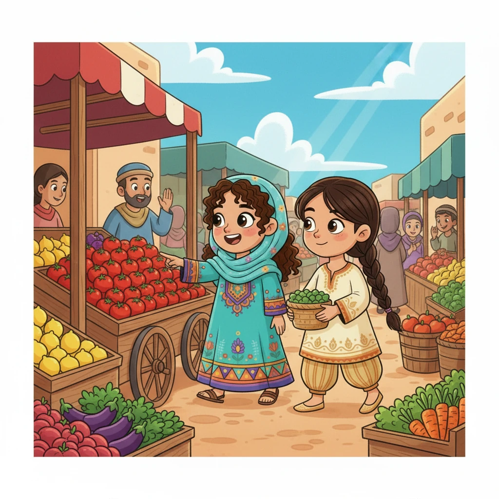 تسير الصديقتان في ممرات السوق المزدحم، والألوان الزاهية للخضروات والفواكه تبهرهما. يا له من سوق جميل! تصرخ ليلي بإعجاب، وهي تشير إلى مجموعة من الطماطم الحمراء. الباعة ينادون على بضاعتهم، والجو مليء بالحياة.