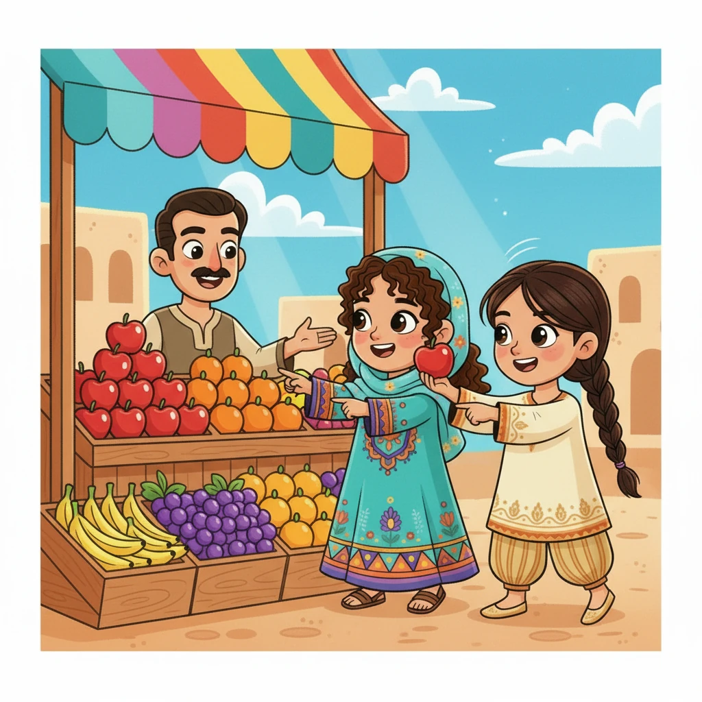 تتوقفان عند بائع فواكه ودود، حيث تختاران بعناية. أريد تفاحًا وبرتقالًا، من فضلك، تقول سارة وهي تشير إلى الفاكهة اللامعة. يبتسم البائع لهما ويقدم لهما أفضل ما لديه.