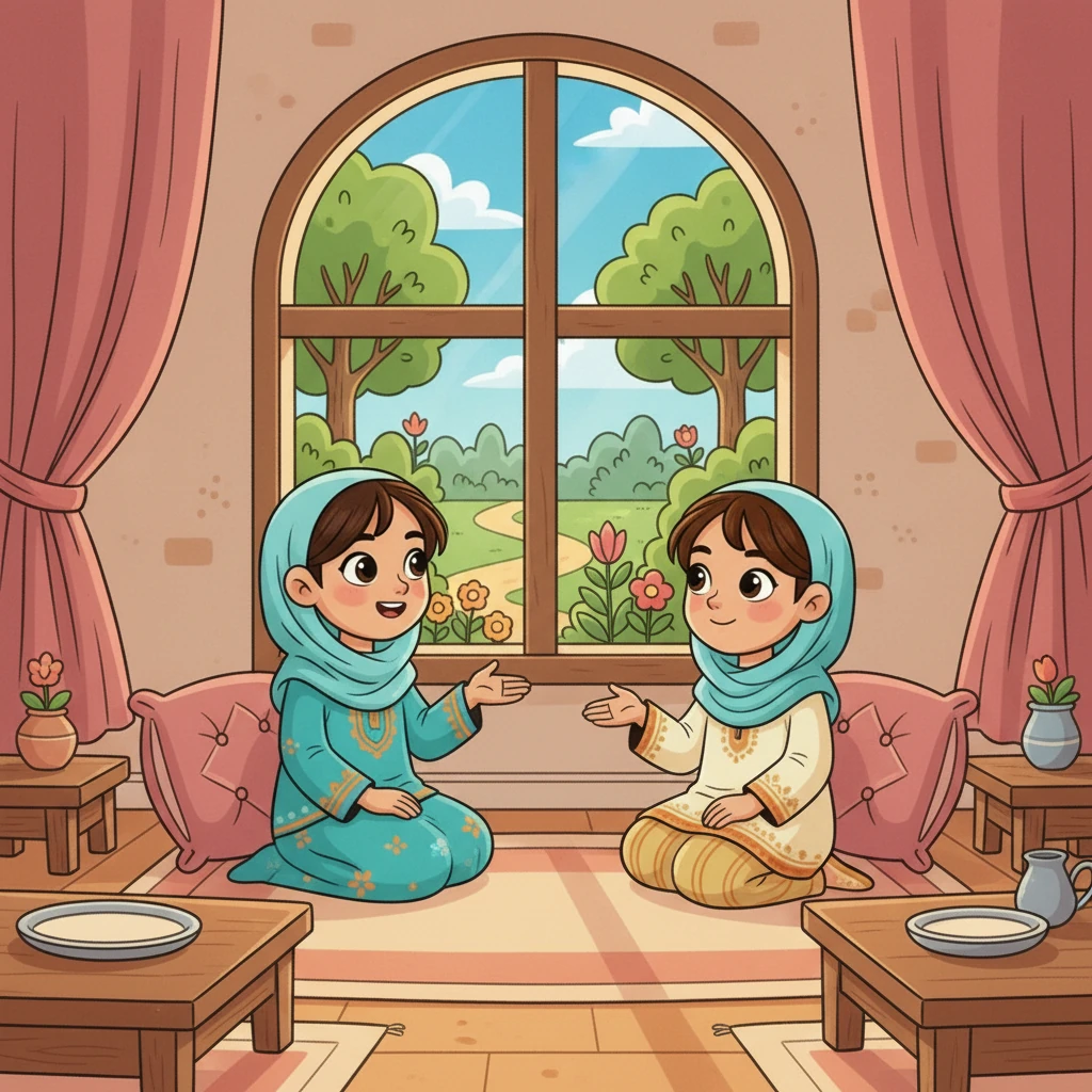 تجلس الصديقتان في غرفة المعيشة المريحة، والنافذة تطل على حديقة خضراء. الجو جميل اليوم، أليس كذلك؟ تقول سارة، وهي تستمتع بمنظر الأشجار. توافق ليلي، وتشعر بالامتنان لهذه اللحظات الهادئة.