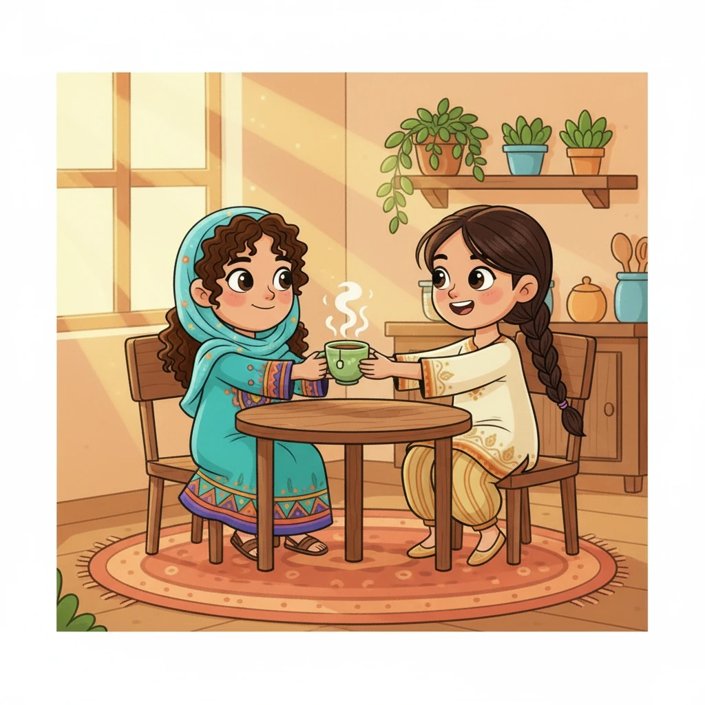 تقدم ليلي الشاي الأخضر لسارة، وهما تواصلان حديثهما. هل تشربين الشاي الأخضر؟ تسأل ليلي. سارة تقبل العرض بسعادة، وتستمتع بالمشروب الدافئ.