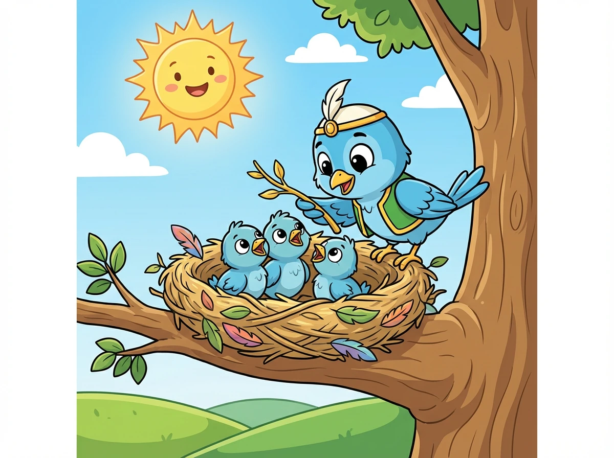 في صباح مشمس وجميل، كان العصفور صفور يعيش على شجرة عالية. لقد بنى عشًا مريحًا لصغاره.