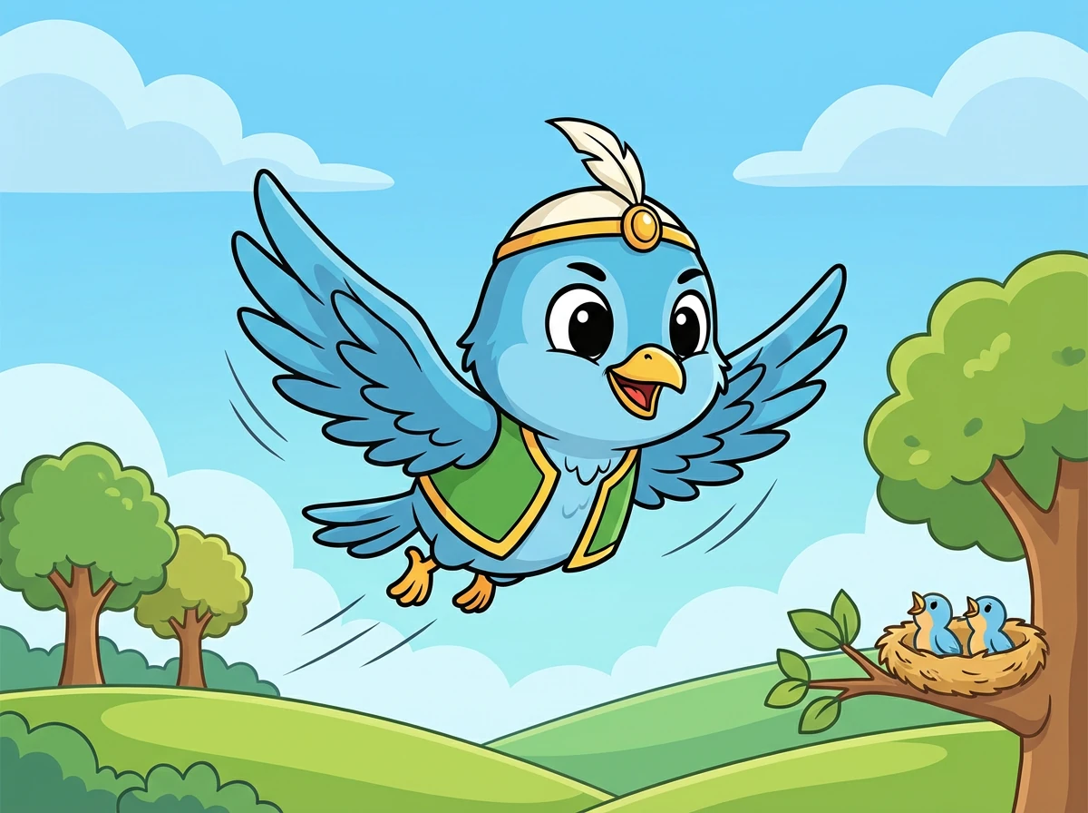 طار صفور بعيدًا بحثًا عن الطعام، وهو يقول: "انتظروا يا أحبائي، سأعود سريعًا بالطعام اللذيذ!"