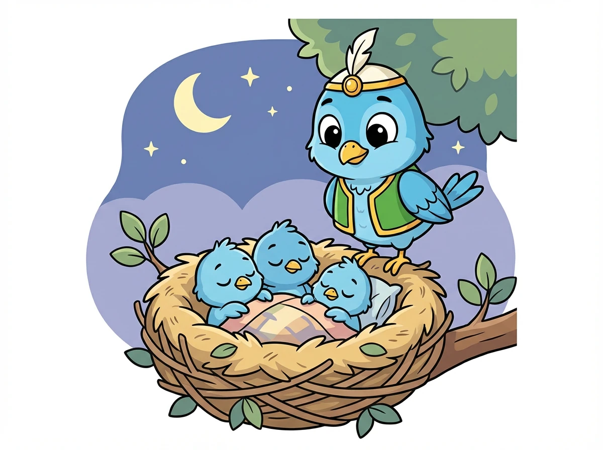 نامت الفراخ الصغيرة بسلام في عشها، بينما كان صفور يحرسهم بحب وحنان.