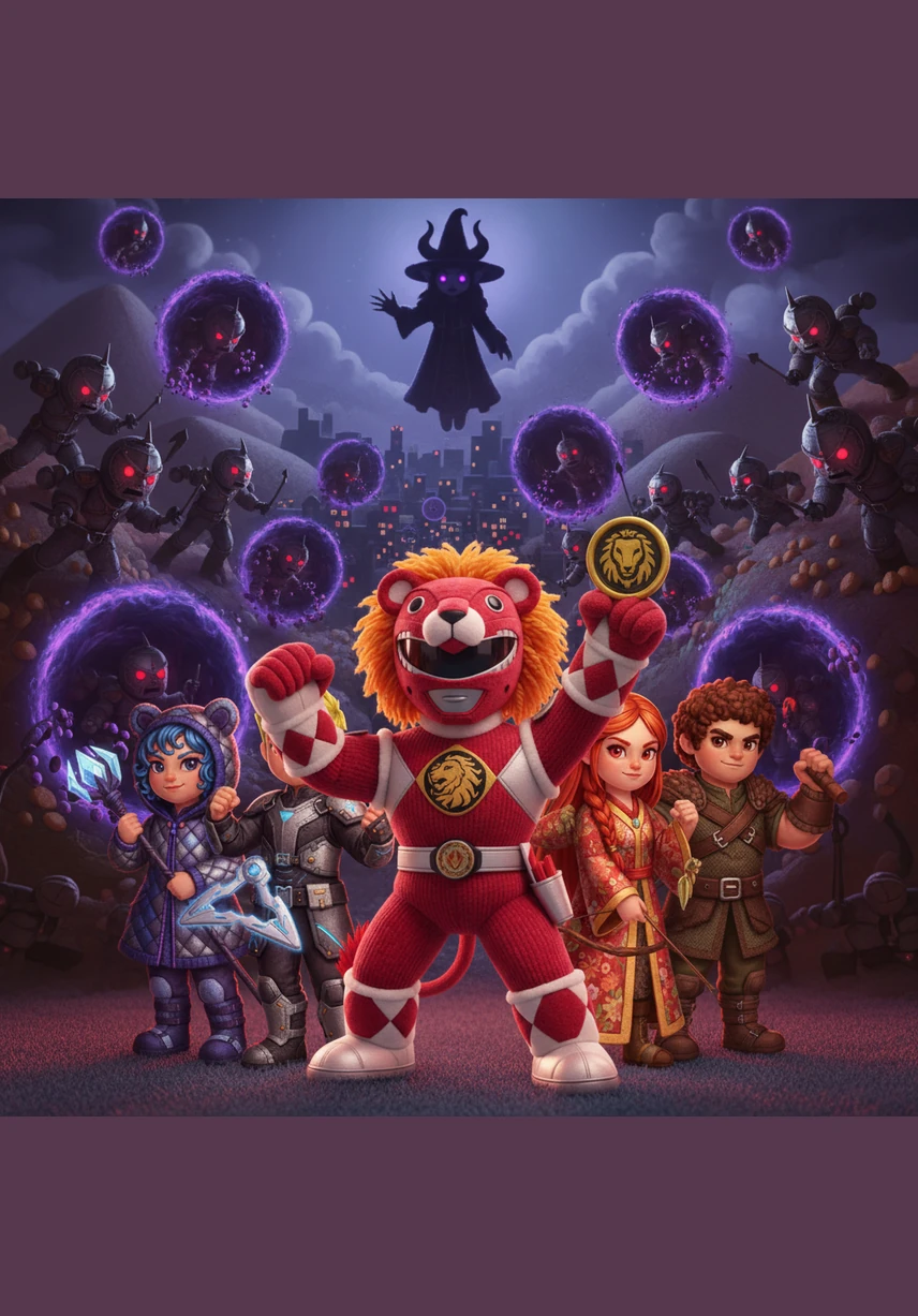 A loud alarm blares through the chamber as dark portals open across the city, releasing a wave of mechanical soldiers. Leo holds his red coin high, leading his friends in shouting the command to transform for the very first time.