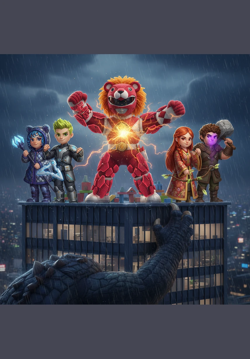 Swirling ribbons of energy envelop the teenagers, replaced by sleek, powerful suits of armor in red, blue, yellow, pink, and black. They stand together on a skyscraper rooftop, looking down at the city they are sworn to protect.