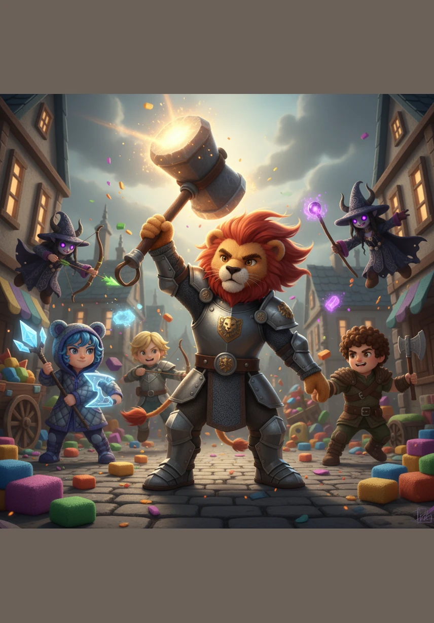 Leo leads the charge into the streets, his movements fluid and strong as he wields a glowing energy sword. His friends follow close behind, each using their unique weapons and elemental powers to push back the invading forces.
