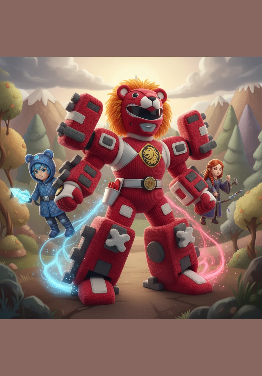 The five Zords begin to shift and connect, locking together in a spectacular display of engineering to form the colossal Megazord. The giant robot stands tall against the setting sun, drawing a massive silver blade to finish the battle.