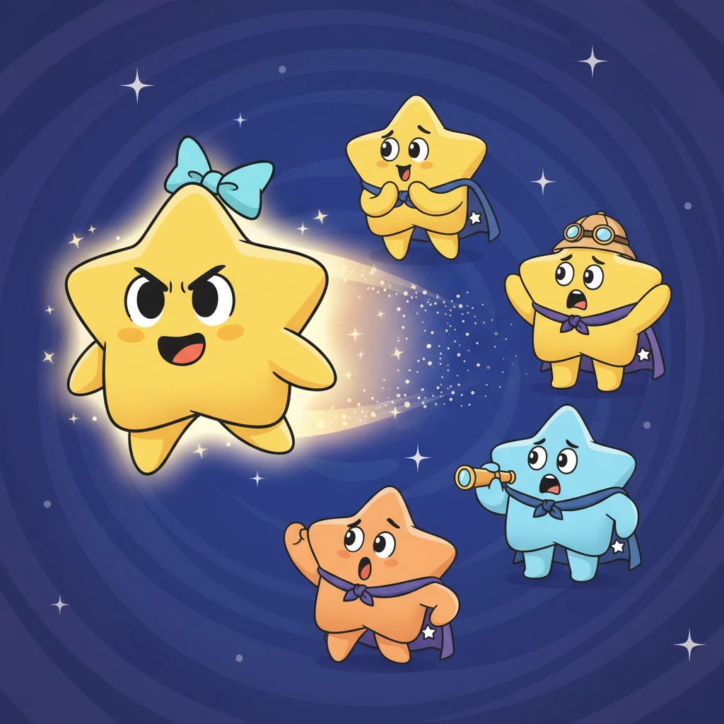 A brave little star named Twinkle, with a sparkly bow, zipped forward. "We must find her!" he declared, his light shining with determination. All the other stars cheered, ready to follow Twinkle on their important mission.