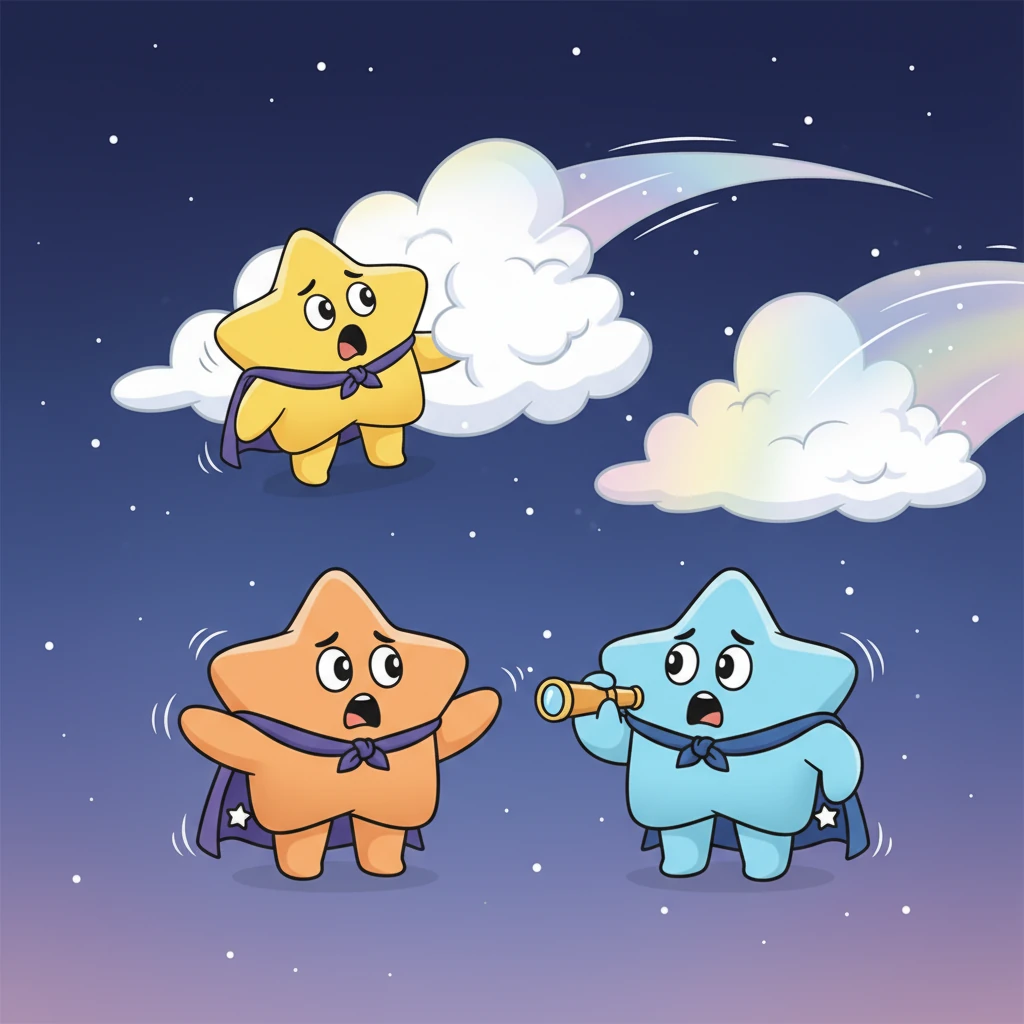 The starry search party began to dart across the vast night sky. They carefully peeked behind wispy clouds and fluffy white ones, calling out "Luna! Oh, Luna, where are you?" Their hopeful calls echoed softly through the quiet darkness.