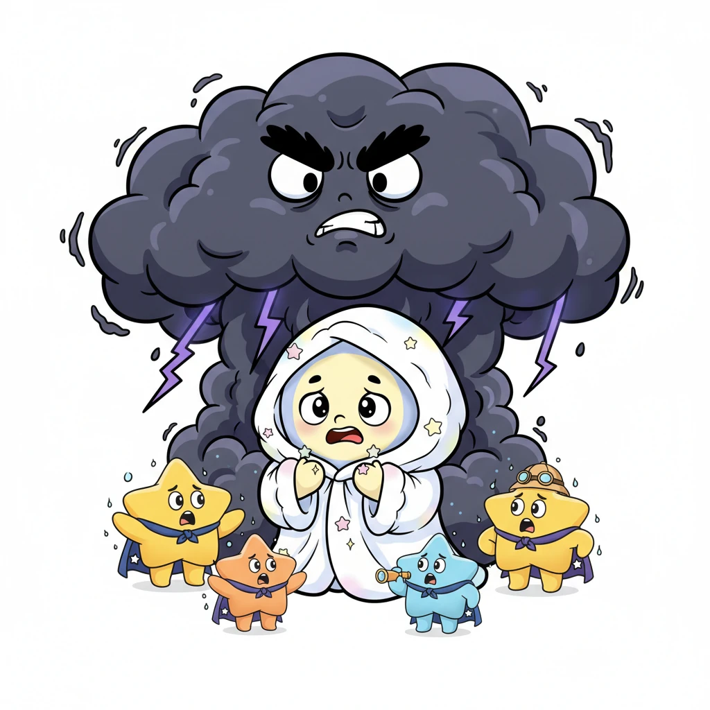 Suddenly, they bumped into a grumpy, rumbling storm cloud. "Who dares disturb my peaceful slumber?" he grumbled, his dark form shaking with annoyance. The little stars shivered, their lights flickering nervously.