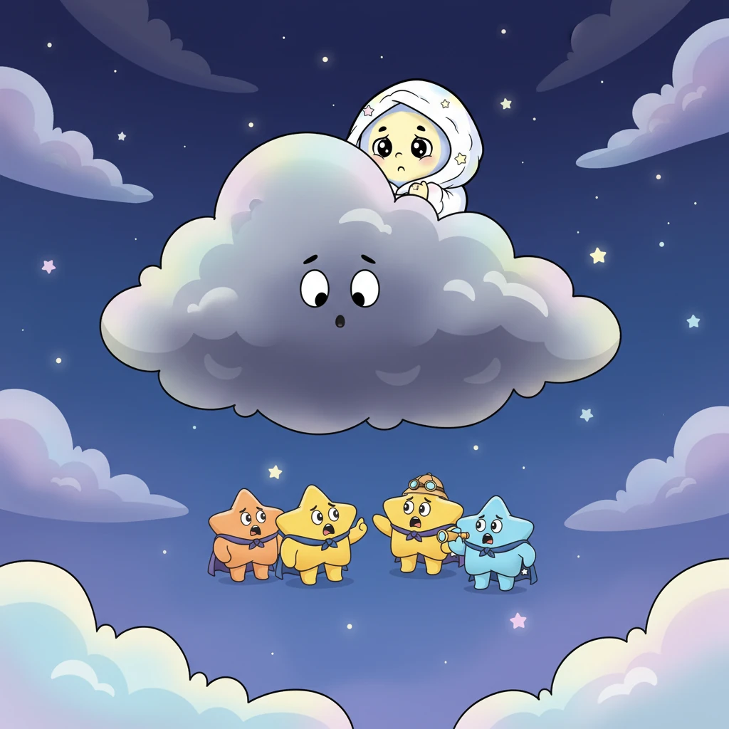 Twinkle, though a bit wobbly, bravely spoke up. "Excuse us, Mr. Cloud, but we're looking for Luna the Moon! The night isn't the same without her gentle glow." The storm cloud, surprised by Twinkle's politeness, softened just a tiny bit.