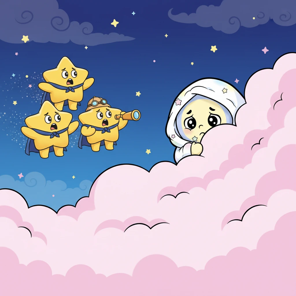 Following a faint silvery shimmer, the stars finally found Luna. She was peeking from behind a fluffy, marshmallow-pink cloud, her big, round eyes looking shy and a little bit sad. She seemed to be holding her breath.