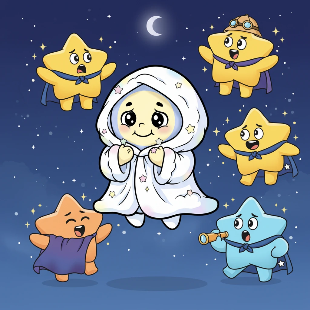 "Luna! There you are!" cried all the stars, their lights twinkling with relief and joy. "We missed you so much! The night felt so empty without your beautiful light." Luna's cheeks turned a faint rosy color.