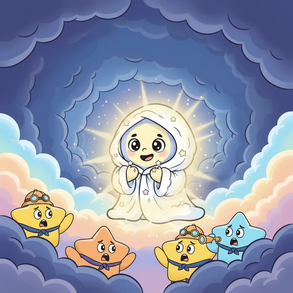 Encouraged by her friends' warm words, Luna slowly began to emerge from her hiding spot. Her shy smile grew wider, and a soft, comforting light started to spread across the sky. The darkness began to gently lift.