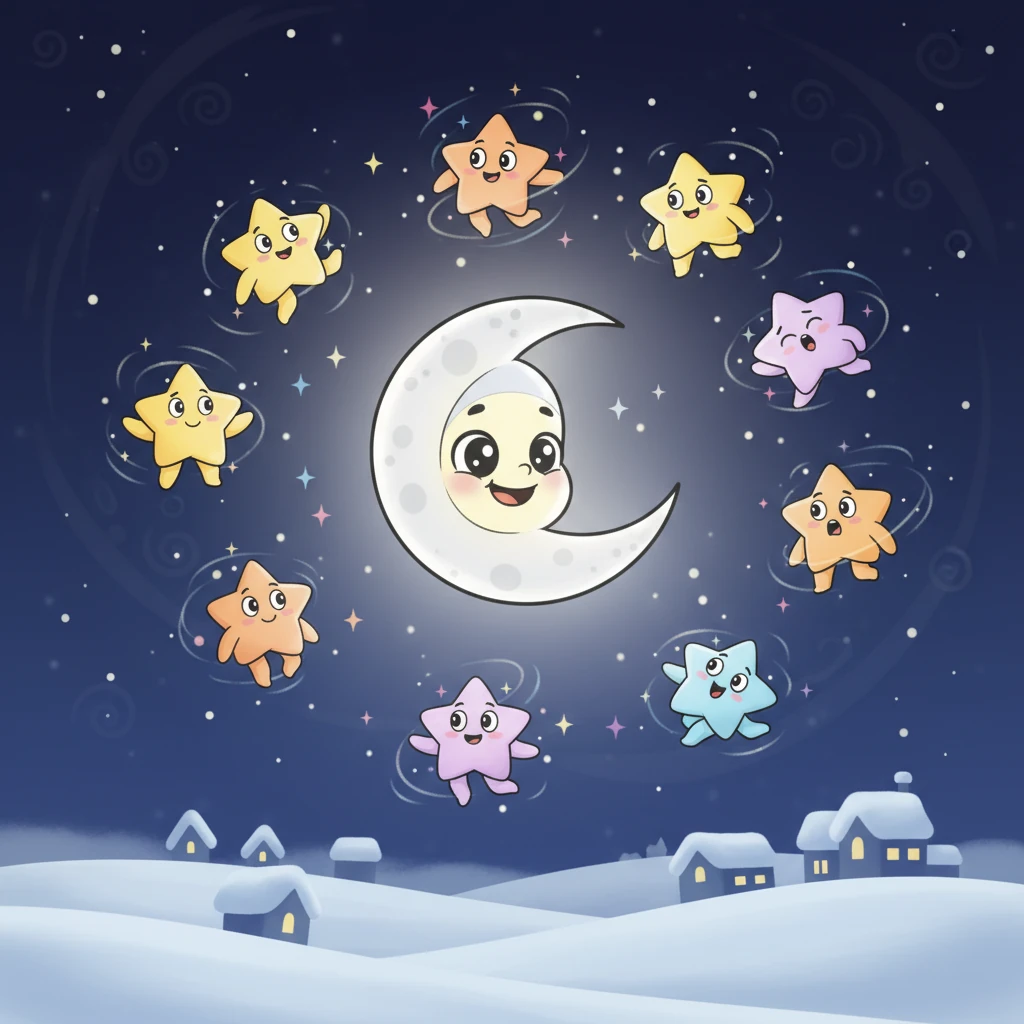 Soon, Luna was shining in all her glory, casting a silvery glow over the sleeping world. The stars danced happily around her, their tiny lights sparkling like jewels. The night sky was beautiful and cozy once more, all thanks to Luna and her caring friends.