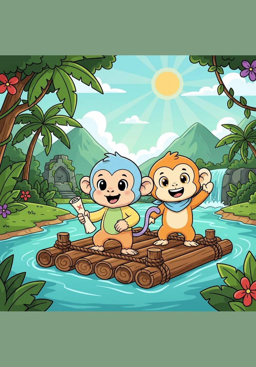 Milo the monkey stands at the edge of a lush green jungle holding a colorful treasure map. He finds a large letter A and a small letter a near a friendly Ape swinging on a vine. Aa is for Ape. Milo starts his big adventure to find all the magic letters.