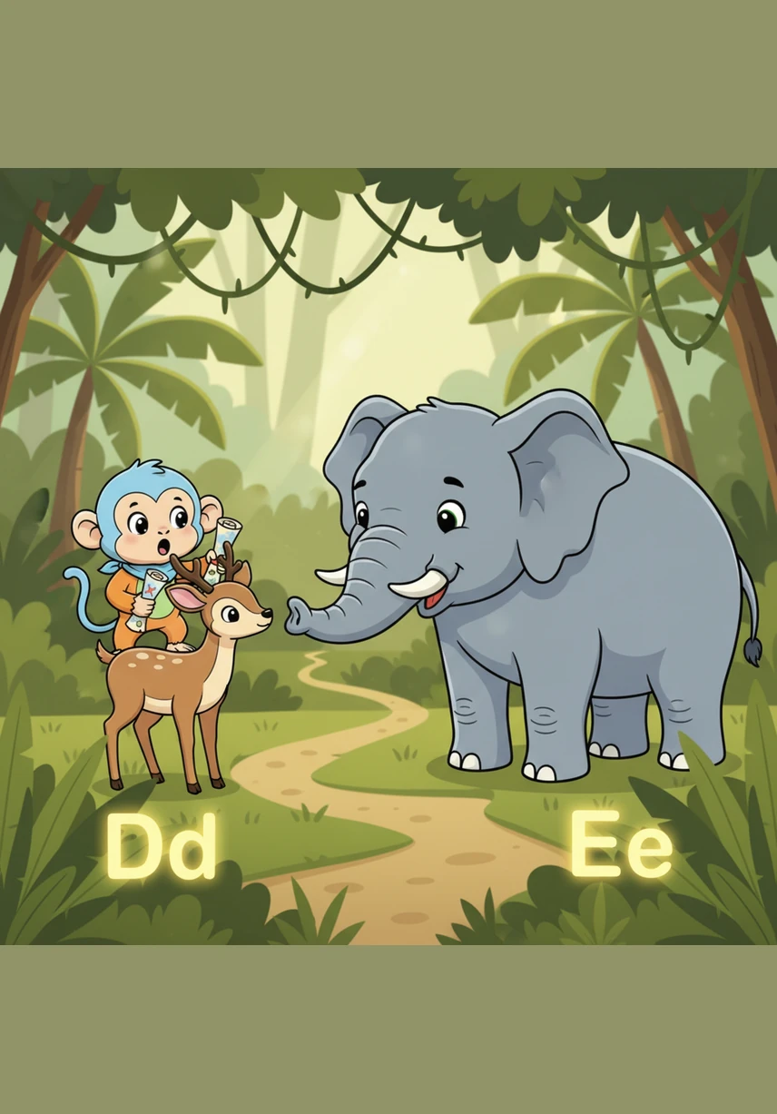 Deep in the jungle, Milo spots a gentle Deer and a giant, friendly Elephant playing together. He discovers the letters Dd and Ee glowing in the tall, soft grass. Dd is for Deer and Ee is for Elephant. The Elephant uses his trunk to show Milo the way forward.