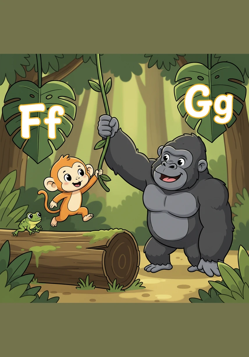 Milo hops over a mossy log with a tiny green Frog and a strong, smiling Gorilla. He spots the letters Ff and Gg painted on the broad tropical leaves. Ff is for Frog and Gg is for Gorilla. His new friends help him climb higher into the trees.