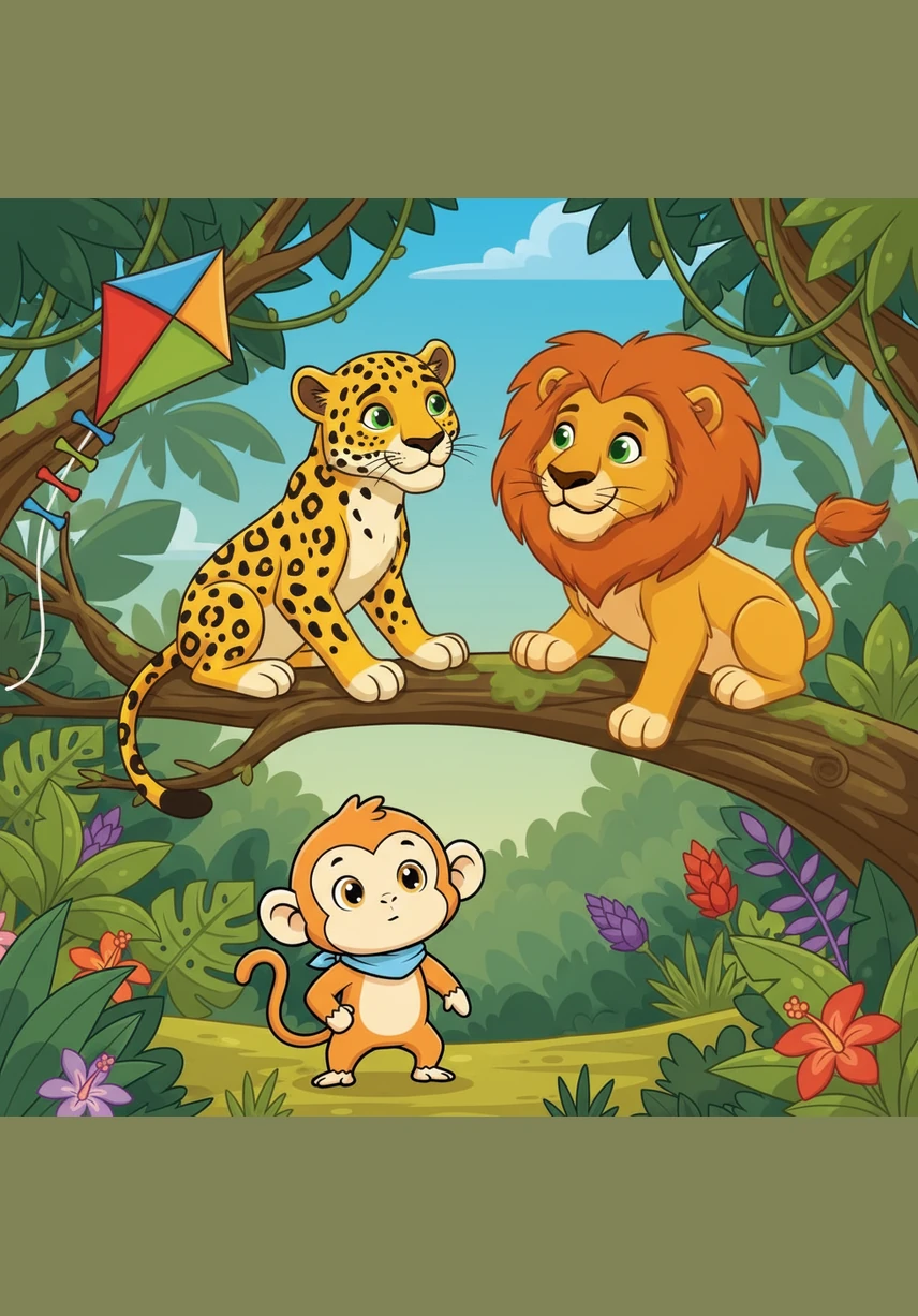 Milo sees a spotted Jaguar sitting on a branch and a colorful Kite caught in the breeze. A brave Lion joins them to help Milo find the letters Jj, Kk, and Ll. Jj is for Jaguar, Kk is for Kite, and Ll is for Lion. The jungle is full of helpful friends.