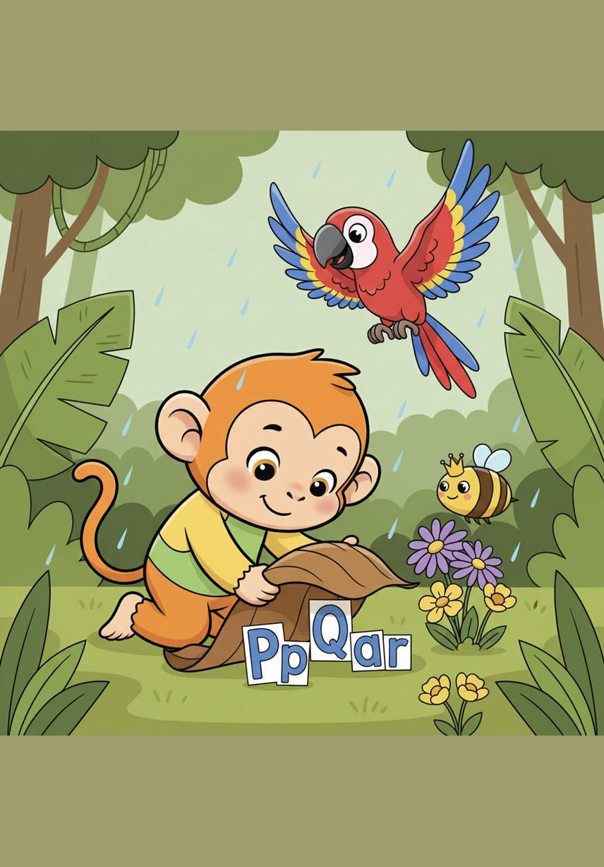 A bright red Parrot flies overhead as gentle Rain starts to fall and a Queen Bee buzzes around the flowers. Milo finds the letters Pp, Qq, and Rr tucked under a large, dry leaf. Pp is for Parrot, Qq is for Queen Bee, and Rr is for Rain.