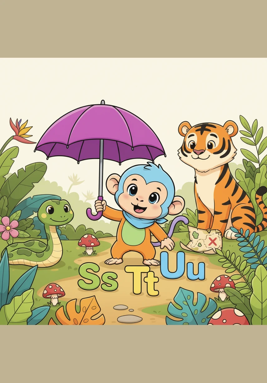 Milo uses a bright purple Umbrella while walking past a friendly Snake and a striped Tiger. He picks up the letters Ss, Tt, and Uu from the colorful jungle floor. Ss is for Snake, Tt is for Tiger, and Uu is for Umbrella. He is almost at the end of his map.
