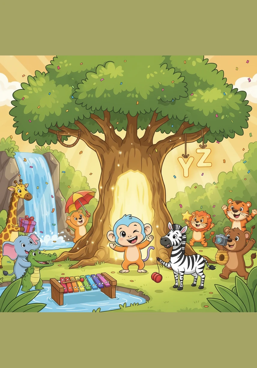 Milo passes a sparkling Waterfall and a wooden Xylophone to find the very last letters. He meets a Zebra playing with a Yo-yo right in front of the glowing Jungle Treasure Tree. Zz is for Zebra. Milo has found all the magic letters, and all the animals celebrate together under the golden sun.
