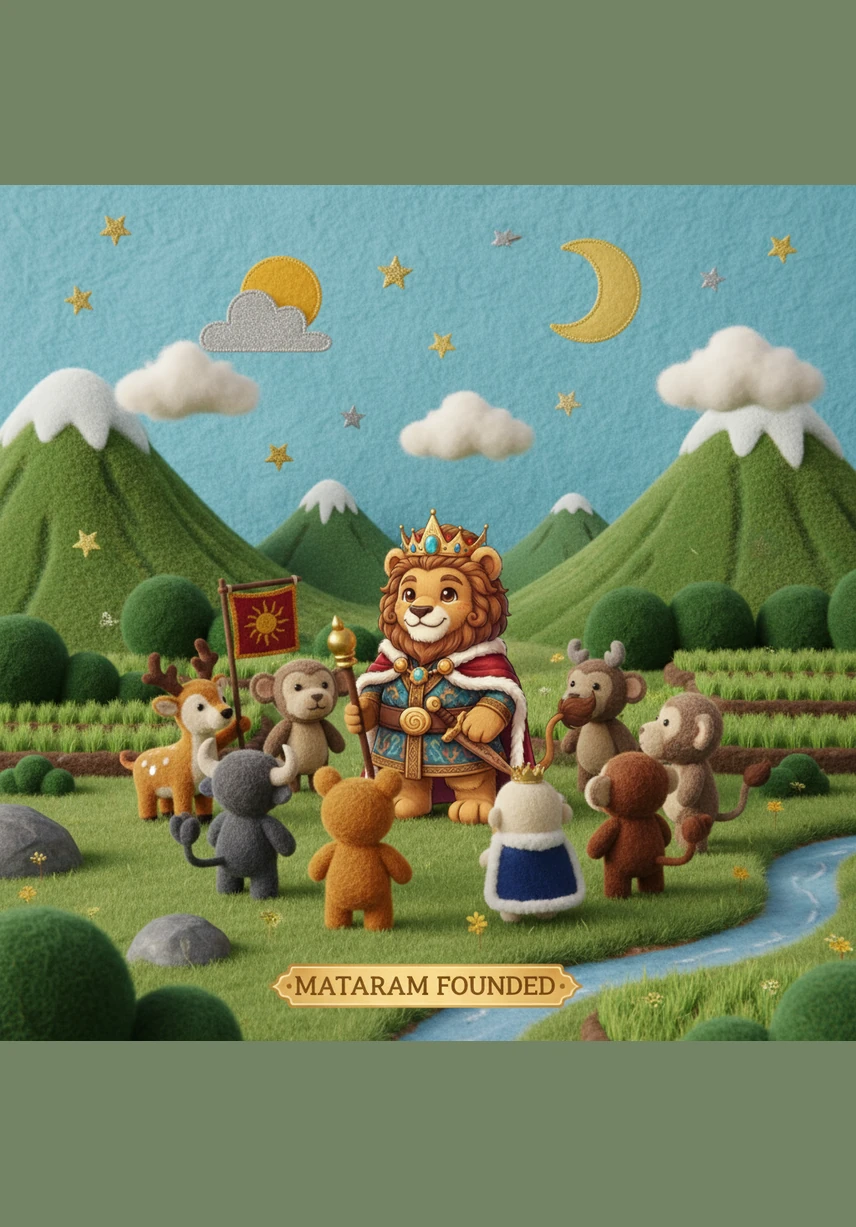 In the lush green valleys of Central Java, King Sanjaya establishes the Mataram Kingdom by placing a sacred stone inscription in the fertile earth. The morning sun illuminates the surrounding volcanic peaks, marking the dawn of a new era of prosperity and strength.