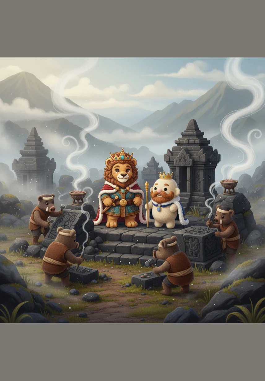 High upon the misty Dieng Plateau, skilled stonemasons begin carving elegant temples from dark volcanic rock to honor the ancient gods. The scent of incense drifts through the cold mountain air, creating a bridge between the earthly realm and the heavens above.