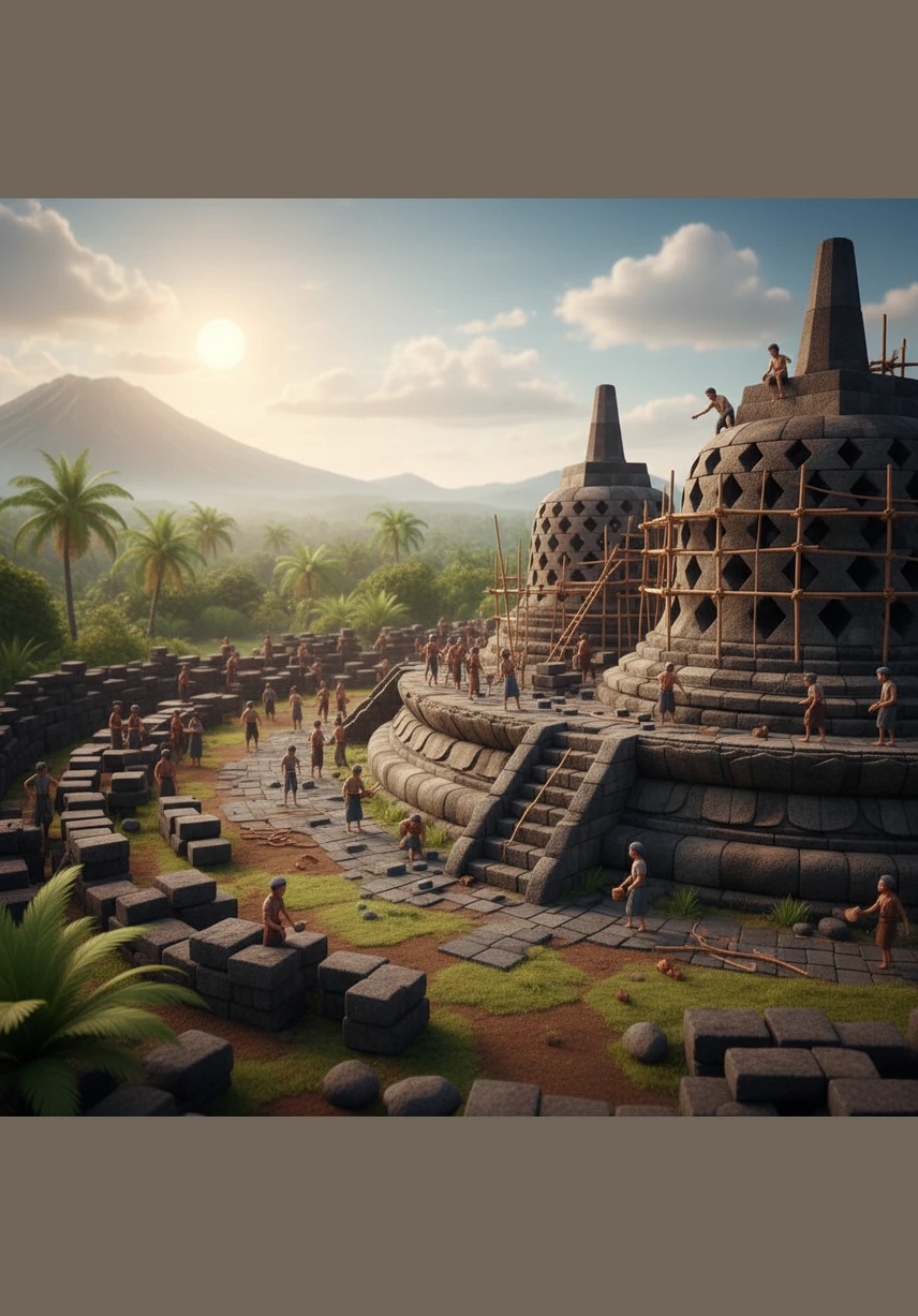 Thousands of artisans join forces to stack millions of volcanic blocks into the magnificent, mountain-like monument of Borobudur. Intricate reliefs are carved into every wall, telling the sacred story of a soul's journey through many levels toward final enlightenment.