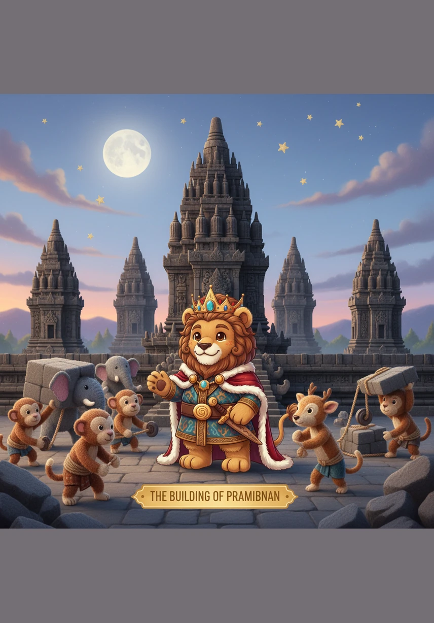 Not far away, the Sanjaya dynasty constructs the soaring spires of Prambanan, adorned with epic carvings of the Ramayana legend. These majestic stone towers reach toward the clouds as a grand tribute to the strength and grace of the god Shiva.