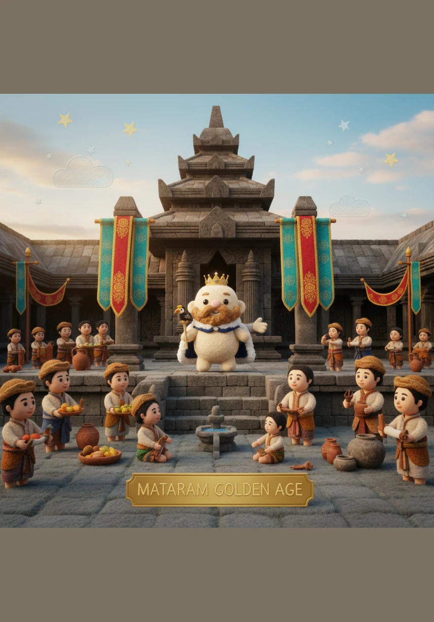 Under the wise rule of King Balitung, Mataram reaches its golden age with cultural influence stretching far across the tropical seas. Trading ships from distant lands arrive at the busy ports to exchange exotic spices, precious metals, and new philosophical ideas.