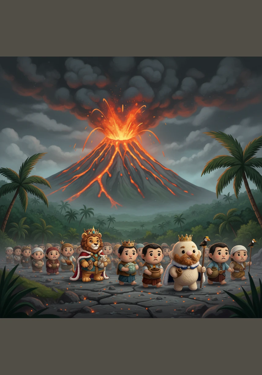 The long peace is suddenly shattered when Mount Merapi erupts with terrifying fury, covering the emerald land in thick ash and flowing lava. The people are forced to pack their belongings and journey toward the east to find safety and start their lives anew.