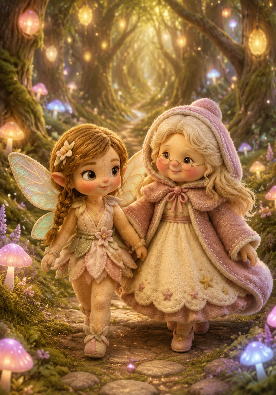 Anya, wearing her neat brown braid, and Lily, with her blonde hair flowing down, walked along a winding path deep within the enchanted Whisperwood. Glowing trees and luminous mushrooms lit their way as soft, sparkling light filtered through the canopy, filling the air with magic.