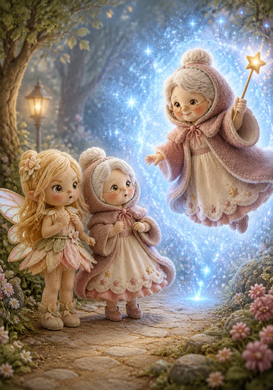 Suddenly, a shimmering burst of blue light appeared directly in front of the startled girls. From the magical glow emerged a kind-faced Fairy Godmother, floating gently and holding a twinkling wand, surprising Anya and Lily on their walk.