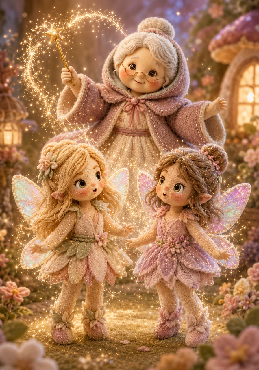 With a warm smile, the Fairy Godmother waved her wand, showering the girls in sparkling, golden dust. Mid-transformation, Anya and Lily felt tiny, iridescent butterfly wings sprouting from their backs, and their clothes began to shift into delicate, petal-soft fairy tunics.