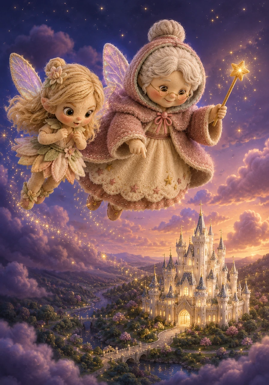 Now fully transformed into small fairies, Anya and Lily fluttered their new wings, following the Fairy Godmother high into the twilight sky. They looked down with wonder as she pointed towards their destination: a grand, shining white castle nestled on a distant hill.