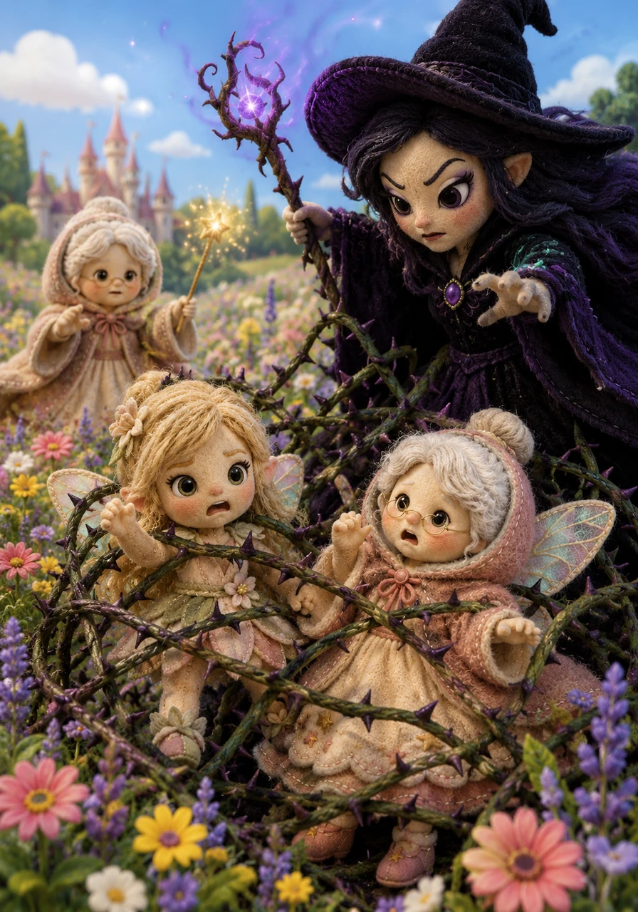 While playing in a sunny wildflower meadow just outside the castle grounds, the fairies were ambushed by the menacing Evil Witch. She lunged forward, capturing Anya and Lily in a net of thorny vines as they screamed in terror, her dark magic contrasting with the bright flowers.
