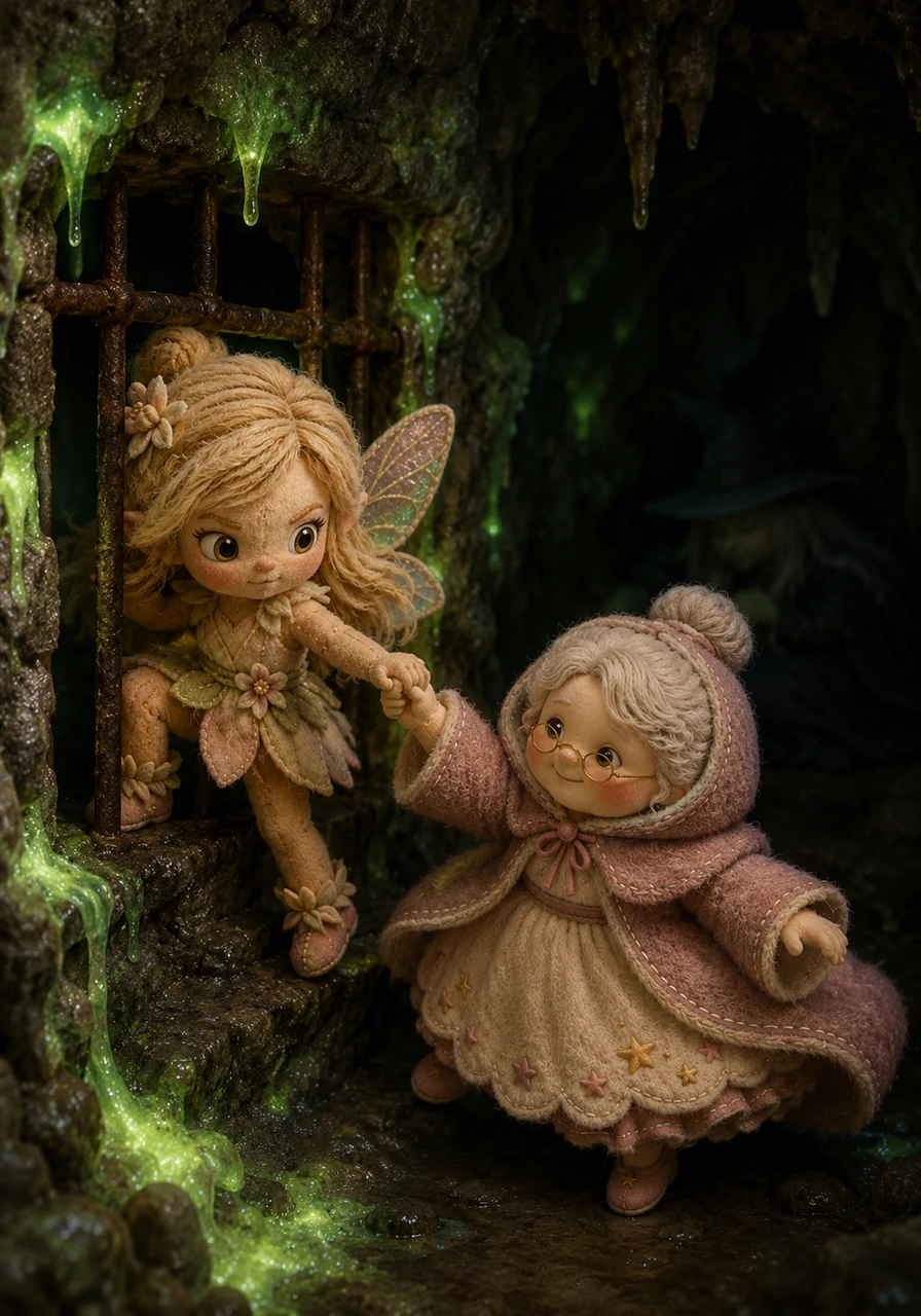 The witch took them to her dark, dripping cave, illuminated only by eerie green slime. Thinking fast while the witch slept, Anya squeezed through the bars of their rusted cage and was helping Lily to escape, their faces determined in the gloom.