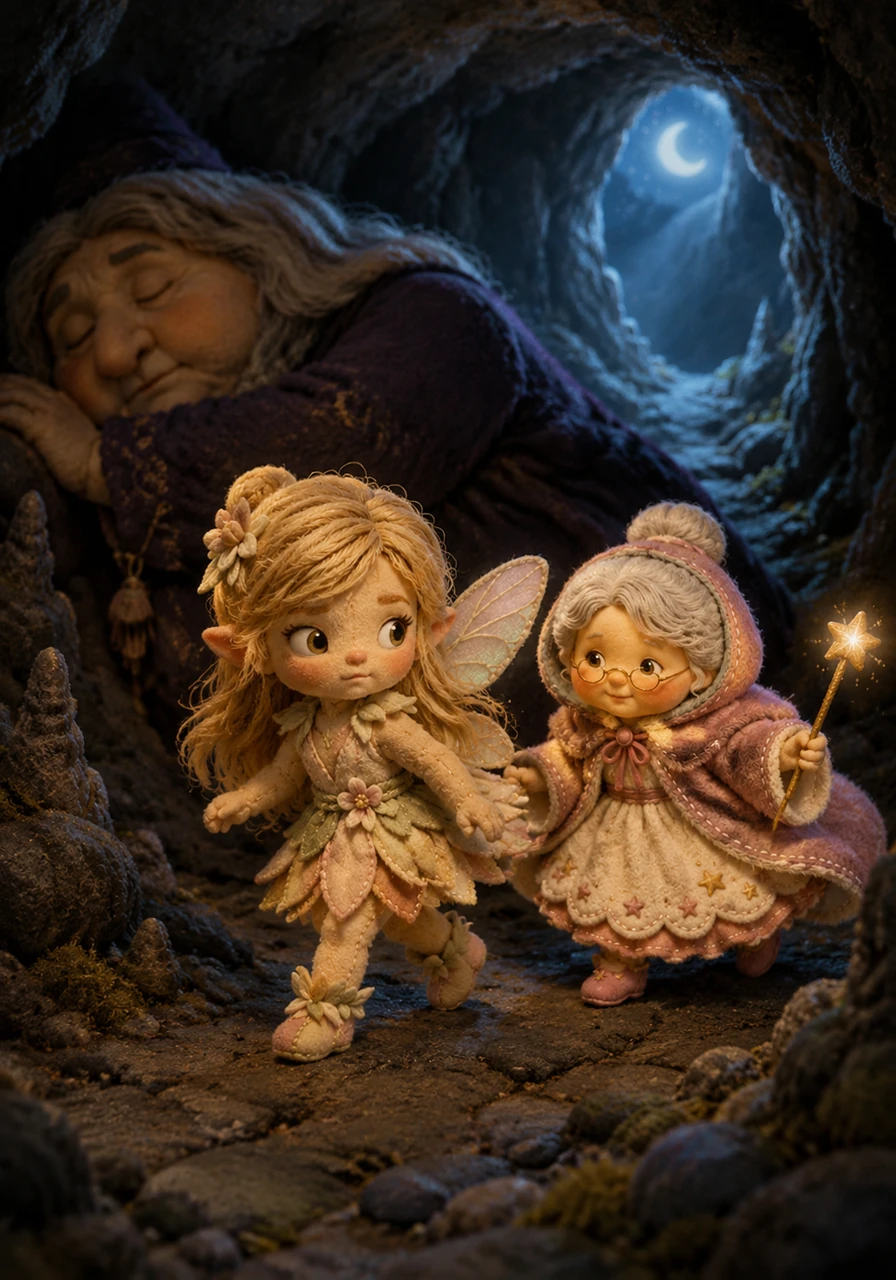 Creeping silently on tiny feet, the two fairies navigated the uneven cave floor, carefully moving past the sleeping witch. Anya held her breath and glanced back as they neared a narrow exit where moonlight offered hope of freedom.