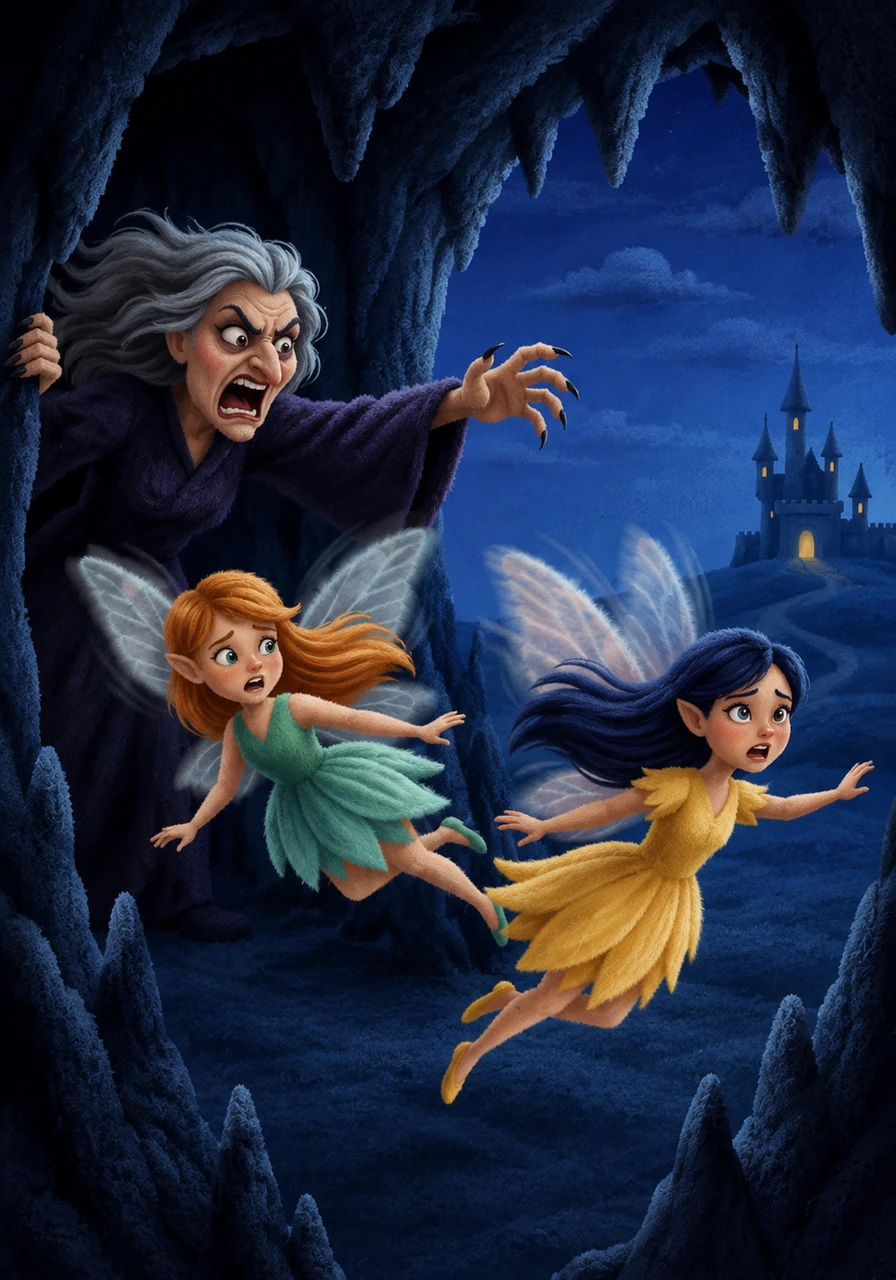 Bursting out of the dark cave mouth into the velvety blue twilight, Anya and Lily flew with frantic speed. Right behind them, the Evil Witch emerged screaming in rage, her clawed hand reaching out as the fairies desperately sought the safety of the castle.