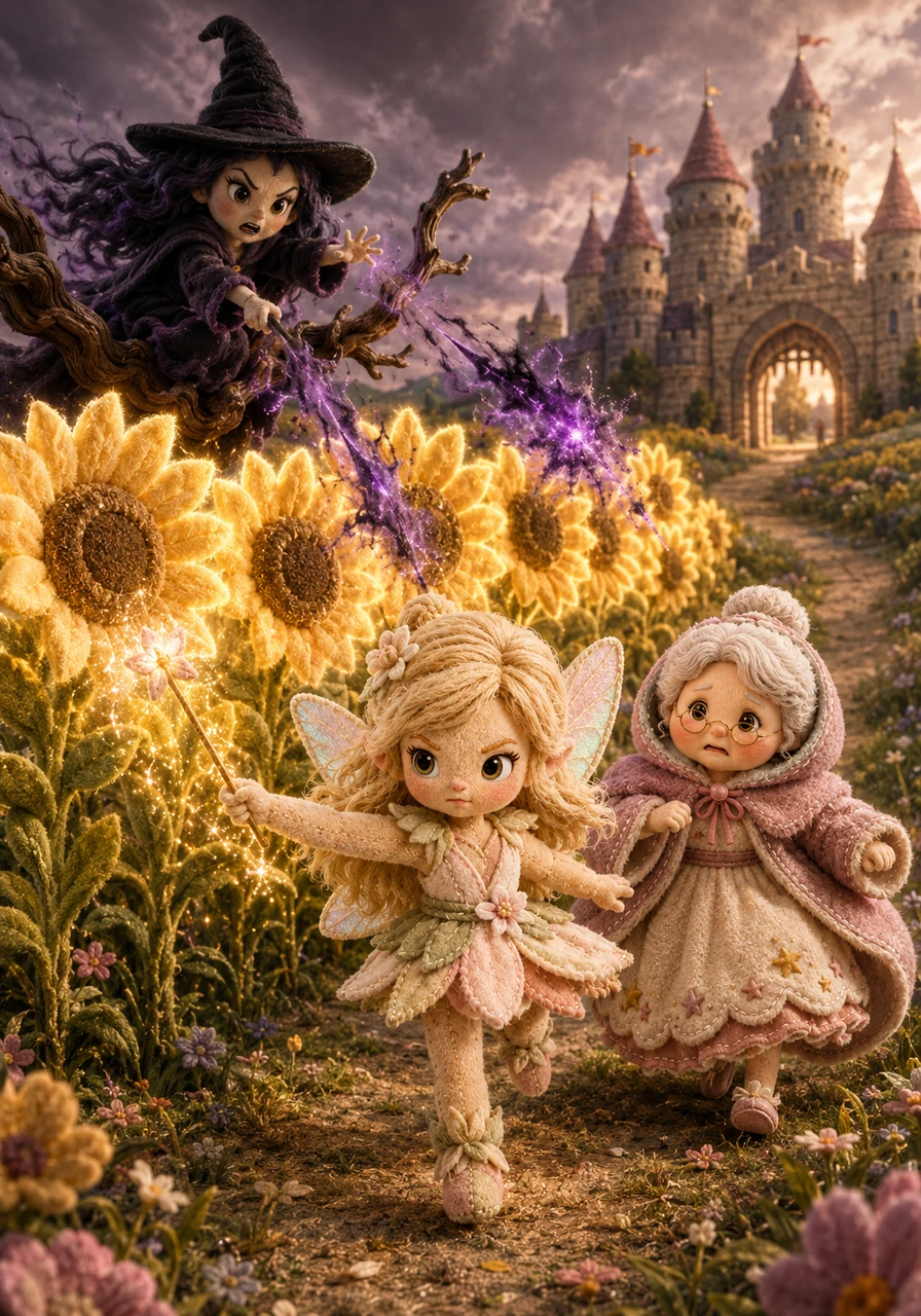 The witch pursued them across the meadow on a twisted branch, casting streaks of dark purple magic. Thinking quickly, Anya used her own magic to grow a thick, glowing wall of sunflowers that blocked the witch's path, allowing the girls to reach the castle gates.
