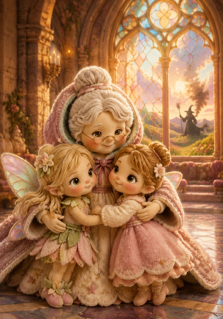 Safe inside the castle's Great Hall, illuminated by warm golden light and stained glass, Anya and Lily were embraced by the relieved Fairy Godmother. Safe at last, they smiled happily, while the frustrated witch remained a distant silhouette far across the meadow.