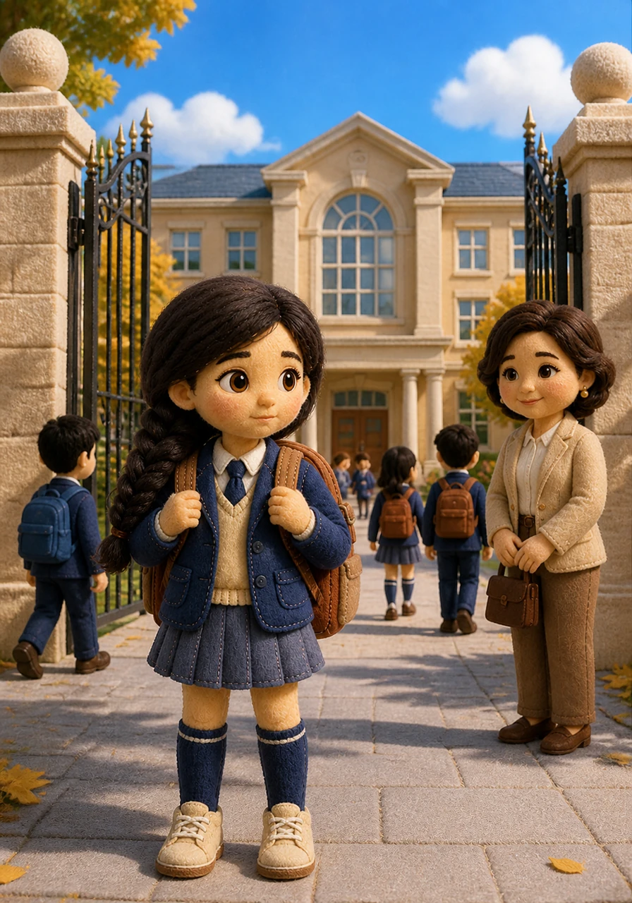 Aisha stands before the impressive gates of School No. 2 in Kurchatov, her backpack feeling heavy as she faces the start of a new project. The morning air is crisp, and the school building stands tall against a clear blue sky, buzzing with the energy of arriving students.